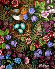 a painting of birds in a nest surrounded by flowers and leaves on a black background