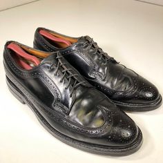 "Excellent overall vintage Condition! Has some light scuffs. These soles rate a 9 on a scale 1-10. Outer heels has some wear. Florsheim Imperial 9.5C Measurements 12 1/2\"from heel to toe( measured against the wall) 4 3/8\"at widest point 1 1/4\" heels Please measure your own pair and compare it to the measurements of the item you are interested in." Retro Black Oxfords For Derby, Vintage Moc Toe Dress Shoes For Semi-formal Occasions, Retro Black Wingtip Oxfords, Retro Black Cap Toe Oxfords, Retro Black Oxfords With Leather Sole, Fitted Vintage Oxfords For Derby, Vintage Fitted Oxfords With Leather Sole, Vintage Black Oxfords With Almond Toe, Vintage Black Oxfords For Derby