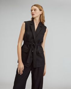 The TENCEL™ Sleeveless Blazer Black – Everlane Versatile Sleeveless Office Vest, Versatile Sleeveless Vest For Office, Sleeveless Black Blazer For Spring, Black Vest For Business Casual In Spring, Black Vest For Business Casual Spring, Modern Black Vest For Workwear, Modern Black Vest For Work, Modern Sleeveless Outerwear For Work, Sleeveless Blazer For Fall Workwear