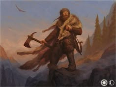 a painting of an old man with long hair and beard holding two axes on top of a mountain