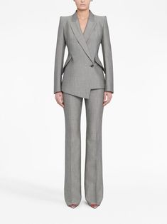 Alexander McQueen wool-mohair Bootcut Trousers - Farfetch Estilo Kardashian, Bootcut Trousers, Woman Suit Fashion, Double Breasted Jacket, Business Suit, Blazer Black, Suit Fashion, Black Blazers, Classy Outfits