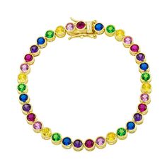 If you were the kid who used every crayon in the box, consider this colorful charmer your style soulmate. Twinkling with jewel-toned crystals in a gorgeous round cut, our Easy to Love Rainbow Bracelet lives up to its name! Clasp her on and see how she gets along with everything from statement bangles to dainty rings or scene-stealing hoops—this rainbow of shine is endlessly versatile and loves to be layered. 14k gold plated sterling silver Multicolor gems 7" in length Multicolor Bracelets With Sparkling Stones For Gift, Multicolor Gemstone Tennis Bracelet As Gift, Multicolor Gemstone Tennis Bracelet As A Gift, Multicolor Bracelets With Sparkling Stones, Multicolor Cubic Zirconia Tennis Bracelet Gift, Multicolor Cubic Zirconia Tennis Bracelet For Anniversary, Rainbow Jewelry With Sparkling Stones For Gift, Rainbow Jewelry With Sparkling Stones As Gift, Multicolor Crystal Round Bracelets