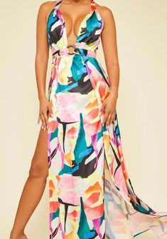 100% Polyester lining 100% Polyester 2 Slits on both sides Chic Split Dress For Beach Season, Beach Season Party Dress With Side Slits, Party Dress With Side Slits For Beach Season, Spring Dresses With Split For Day Out, Spring Dresses With Split Shape For Day Out, Spring Summer Maxi Dress For Night Out, Trendy Printed Maxi Dress For Day Out, Spring Maxi Dress For Night Out, Trendy Maxi Dress For Brunch