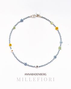 M I L L E F I O R I 🌸 designed by Anna Badenberg These beautiful glass flowers, which I chose for this jewelry series, come from Venice. Millefiori means a thousand flowers and perfectly describes the name of the popular piece of jewellery. You can choose between a choker, anklet and bracelet, or maybe you like all three? 100% envy guarantee, whether worn solo or in a trendy layered look, these sweet pieces of jewelery will be your summer companions. Each piece closes with a spring ring clasp. Blue Jewelry With Flower Charm And Round Beads, Blue Flower Necklace With Tiny Beads, Multicolor Flower-shaped Jewelry With Letter Beads, Blue Flower-shaped Beaded Necklace With Tiny Beads, Blue Flower-shaped Jewelry With Spacer Beads, Sterling Silver Choker, Silk Bag, Silver Choker, Flowers Spring