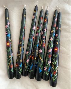 Black hand painted candles with bright folk florals painted Velas Candles, Soya Mumu, Winter Floral