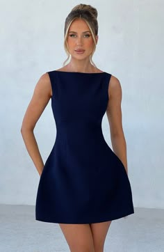 Alana Mini Dress - Navy Dress Neck Shapes, Royal Blue Short Dresses, Navy Dress Mini, Timeless Short Dress, Mini Cocktail Dress Classy, Cocktail Gala Dress, Navy And Gold Outfits, Grad Dress Short, Navy Hoco Dresses