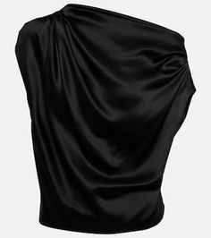 Draped one-shoulder silk top in black - The Sei | Mytheresa Silk Off-shoulder Top For Formal Occasions, Chic Draped Satin Top, Silk Top With Asymmetrical Neckline For Party, Elegant Silk Off-shoulder Blouse, Chic Silk One-shoulder Top For Party, Chic Silk One Shoulder Top For Party, Silk Top With Asymmetrical Neckline For Formal Occasions, Formal Silk Top With Asymmetrical Neckline, Elegant Asymmetrical Satin Top