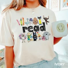 Read Children Books Shirt, Teacher Read Shirt, Kindergarten Gift Shirt,Comfort Colors,Read Kids Shirt,  Book Lover Shirt,Funny Kids Tee 1747 COMFORT COLORS - ADULT UNISEX - SHORT SLEEVE T-SHIRT - 1717 6.1 oz./yd² (US), 10 oz/L yd (CA), 100% ring-spun cotton, 30 singles Garment dyed for that lived in feel and almost no shrinkage at home. Soft ring-spun cotton fabric with 100% cotton threads Relaxed fit Topstitched, classic width, rib collar Shoulder to shoulder twill tape Signature twill label Ma Funny Text Print Tops For School, Funny Character Print T-shirt For School, Graphic Tee With Funny Text For School, Funny Text Graphic Tee For School, White Bookish T-shirt For School, White Bookish Top With Funny Print, School T-shirt With Funny Print, Fun T-shirt With Funny Print For Teacher Appreciation, Funny Letter Print Tops For School