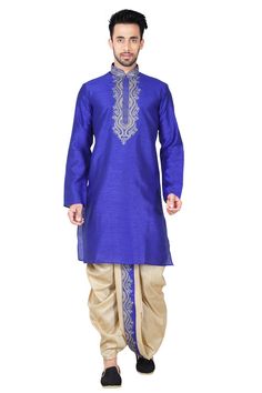 Shop Men's  Kurta Set in Royal Blue Traditional Indigo Sets With Resham Embroidery, Indigo Traditional Wear With Zari Work For Transition Season, Traditional Kurta With Gold Embroidery For Navratri, Traditional Navratri Kurta With Gold Embroidery, Embroidered Indigo Kurta For Transitional Season, Festive Embroidered Indigo Kurta, Transitional Blue Sets With Floral Embroidery, Blue Kurta With Gold Embroidery For Diwali, Traditional Indigo Semi-stitched Kurta