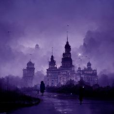 a person walking down a street in front of tall buildings on a foggy day