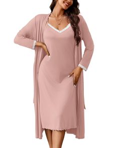 PRICES MAY VARY. 【Material】Comfortable knit sleepwear robes set with soft, stretchy, durable and skin-friendly fabric. Great to wear in all seasons. 【Lingerie Nightgown】The cami sleepdress is a v neck lace-trim mid-calf length nightgown, whose spaghetti strap is adjustable. You can adjust the length of the shoulder as you like. 【Night Robe】This comfortable and V-neck robe features lace-trim long sleeves wrap design, mid-calf length. Inside tie for a better fit and self-detachable belt for convenience. Two side pockets for holding keys and so on. 【Occasion】This soft knit robe pajamas set fits for sleep, loungwear, nightwear, casual wear and party. Also a great gift choice for Weddings, Bridal Party Gifts, Bridesmaid gifts, Birthday, Valentines Day, Vacation, Spas, Honeymoon and so on. 【Care Robe Pajamas, Wedding Nightgown, Fashion Dress Up Games, Lingerie Nightgown, What I Want For Christmas, Cotton Nightgown, Dress Up Games, Night Gowns, Women's Nightgowns