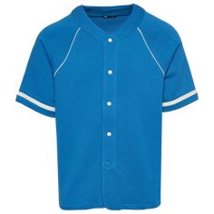 a blue baseball jersey with white piping on the chest and two buttons at the front