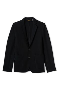 Cardigan-style comfort is now available in the form of a sports coat thanks to Italian-crafted boiled wool construction. 28" length ( size 42) Notched lapels Back vent Unlined 100% virgin wool Dry clean Made in Italy Black Sport Coat For Work With Concealed Placket, Black Sport Coat For Work, Fall Blazer With Welt Pockets And Flat Front, Black Sport Coat With Concealed Placket, Black Sport Coat With Welt Pockets For Business Casual, Black Business Casual Sport Coat With Welt Pockets, Winter Wool Sport Coat With Patch Pockets, Wool Sport Coat With Patch Pockets For Winter, Tailored Black Sport Coat With Flat Front