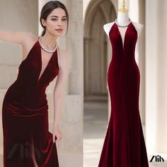 Zlily - Enhance your elegance with a wine red, open-back, slim-fit mermaid dress for brides, perfect for engagement, thanksgiving, or formal events. Backless Mermaid Dress, Dress For Engagement, Matric Dress, Sophie Foster, Burgundy Evening Dress, Style Types, Burgundy Dresses, Mermaid Evening Gown, Princess Sleeves