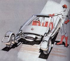 a drawing of a man standing next to a car that is being driven on wheels