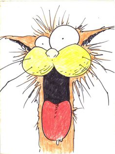 a child's drawing of a cat with its mouth open and eyes wide open