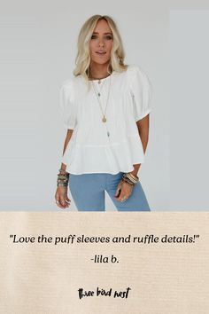 Perfectly boho for both casual and dressy occasions, our Shirr Delight Puff Sleeve Top is versatile enough to take you from day to night with ease! You'll love the drama and romance of this top because it features: Woven Cotton fabric﻿ Relaxed and loose blouse silhouette Classic round neckline with a button keyhole closure along the back So cute puff short sleeves with self - tie bows on the back Gathered and ruffle details on the front and back Gathered bottom tier for added style Pair with: La Blouse Silhouette, Rectangle Hoop Earrings, Boho Essentials, Bralette Outfit, Comfy Pants, Loose Blouse, Day To Night, Puff Sleeve Top, New Moon