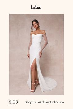 All eyes will be on you (and so they should be!) when you come in looking jaw-dropping in the Lulus Eternally Beloved White Mesh Off-the-Shoulder Pearl Maxi Dress! This stunning dress features sheer, mesh long sleeves that have faux pearl decorations and frame a stunning off-the-shoulder neckline (with hidden no-slip strips). Dress is composed of flattering, stretchy techno crepe knit that shapes a bodice with seamed cups and an empire waist. Figure-hugging silhouette continues with a chic skirt Pearl Wedding Dress, Pearl Decorations, Chic Skirts, Lulu Fashion, White Mesh, Mesh Long Sleeve, Pearl Wedding, All About Eyes, Empire Waist