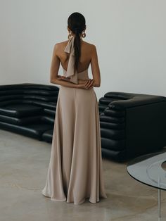 Evening Maxi Length Backless Dress With Tie Back, Evening Maxi Backless Dress With Tie Back, Backless Dress With Tie Back For Gala, Long Fitted Halter Dress With Tie Back, Floor-length Backless Dress With Tie Back, Party Gown With Tie Back, Maxi Length, Fitted Long Backless Dress With Tie Back, Prom Midi Dress With Tie Back And Backless Design, Formal Sleeveless Maxi Dress With Lace-up Back