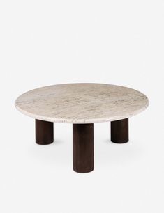 an oval marble table with two wooden legs and a circular base, on a white background