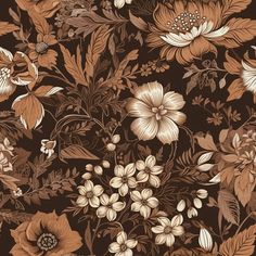 a brown and white floral wallpaper with lots of flowers