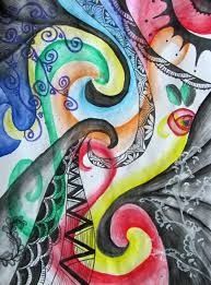 an abstract painting with many colors and shapes on it's face, including swirls