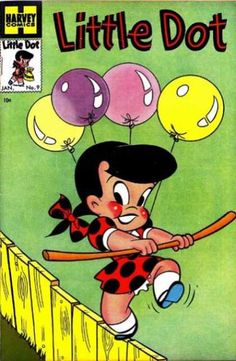 an old comic book cover with a cartoon girl swinging on a fence and balloons floating in the air