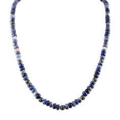 From Bulova, a beaded necklace, 22" in length made of sodalite, also known as the poet's stone, in varying shades of blue, that is believed to emanate a soothing and calming energy. Accented throughout with faceted hematite beads (thought to promote stability and optimism) and crafted with a magnetic cylinder clasp in sterling silver. All of Bulova's sterling silver is rhodium plated to give the jewelry a brilliant shine and provide enhanced durability. Bulova Style #: BVC1045-WSSOD Blue Rondelle Natural Gemstones, Sapphire Beaded Necklaces With Natural Lapis Lazuli Stones, Sodalite Gemstone Beads Necklaces, Blue Kyanite Gemstone Bead Necklaces, Sapphire Lapis Lazuli Beaded Necklace, Blue Kyanite Gemstone Beaded Necklace, Blue Rondelle Gemstone Beads, Blue Single Strand Lapis Lazuli Beads, Blue Lapis Lazuli Single Strand Beads