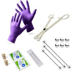 purple gloves and other items are shown on a white background