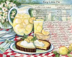 the recipe for key lime pie is displayed on a table with lemons and flowers