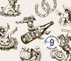 an old - fashioned halloween clip art set includes pumpkins, witches, and beer bottles