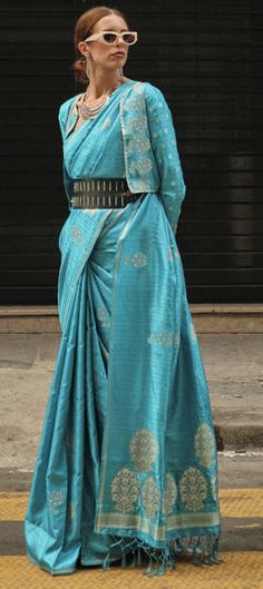 Blue color Saree in Satin Silk fabric with Weaving work Long Choli Lehenga, Saree Sale, Zardozi Work, Traditional Silk Saree, Blue Weave, Ethnic Sarees, Elegant Embroidery, Satin Saree, Utsav Fashion