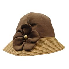 Linen/cotton crown Flower accent with wood bead center. Paper braid straw brim, 2" wide. Packable. One size fits most. Casual Adjustable Cloche Sun Hat, Brown Wide Brim Cloche Hat For Spring, Adjustable Straw Cloche Sun Hat, Spring Brown Brimmed Bucket Hat, Adjustable Summer Cloche Hat, Adjustable Cloche Hat For Vacation, Brimmed Brown Cloche Hat For Kentucky Derby, Brown Brimmed Cloche Hat For Kentucky Derby, Kentucky Derby Cloche Hat For Beach