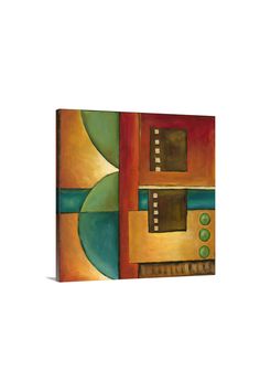 an abstract painting with green, orange and yellow colors on it's canvases