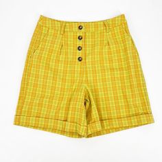 New With Tags Saint Geraldine Shorts Size Medium Yellow Summer Cotton Shorts, Yellow Cotton Summer Shorts, Trendy Yellow Cotton Shorts, High Waist Yellow Pants For Summer, Yellow High-waist Pants For Summer, Mustard Cotton Pants For Summer, Vintage High Waist Yellow Bottoms, Yellow Bottoms With Built-in Shorts, Vintage High-waist Yellow Bottoms