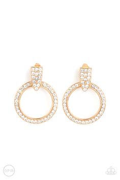 Encrusted in glassy white rhinestones, a gold hoop attaches to a triangular gold fitting for a classic sparkle. Earring attaches to a standard clip-on fitting. Sold as one pair of clip-on earrings. Accessories Website, Pink Bubbles, Gold Clips, Sparkle Earrings, Paparazzi Accessories, White Rhinestone, Paparazzi Jewelry, White Earrings, Trendy Accessories