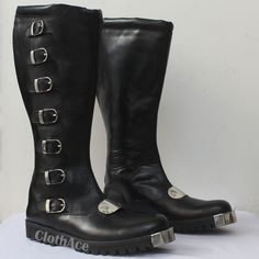 Description: Made with real leather Real leather tough sole Metal buckle and plates Completely handmade Making and Shipping time: These boots take around 4-5 weeks to be made. Generally, they are delivered within 3-5 days after dispatching. They will be shipped by USPS, FedEx, DHL or any other courier. Selecting your size: Choose any size that you think would be best. I will contact you if more information is required. Returns: Returns are accepted! As this is a custom made and expensive item, p Gothic Leather Moto Boots With Metal Feet, Punk Leather Moto Boots With Protective Metal Feet, Gothic Leather Boots With Buckle Closure, High-top Leather Moto Boots With Metal Feet, Gothic Leather Moto Boots With Rivets, Punk Leather Moto Boots With Reinforced Toe, Punk Leather Boots With Leather Sole, Punk Leather Moto Boots With Closed Toe, Leather Boots With Rivets For Cosplay