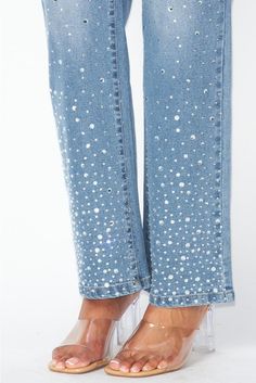 Get ready to elevate your denim game with our High Rise Rhinestone Denim Jean Pants! These pants feature a high rise silhouette and glamorous rhinestone detailing for a touch of sparkle. Perfect for adding some fun to your everyday look, these jeans are sure to become your new fashion go-to. (Just remember to accessorize with some sass!) Light wash denim High waisted Zipper/button closure Rhinestone detail Straight leg Eras Outfit, Rhinestone Denim, Outfit Inso, Rhinestone Jeans, Jean Pants, Rhinestone Bow, Mens Bow Ties, Fascinator Hats, Handbag Shoes