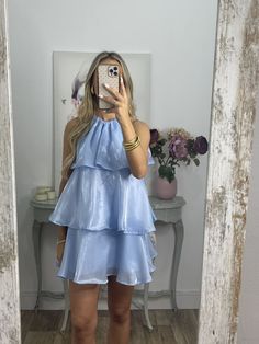 Organza Halterneck Layered Mini Dress – Luxandluxy Feminine Tiered Organza Dress, Tiered Ruffle Organza Dress, Purple Fitted Tiered Mini Dress, Purple Tiered Mini Dress With Ruffles, Layered Mini Dress, Purple V-neck Ruffled Mini Dress, Layered Short, Dress Homecoming, Short Party Dress