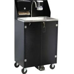 a black cabinet with a sink on wheels