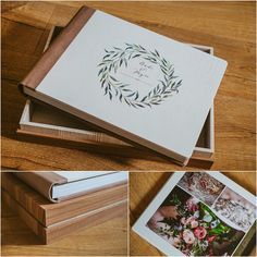 the wedding album is decorated with flowers and leaves