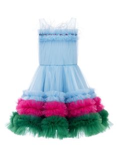 blue/pink/green tulle overlay crystal embellishment mesh detailing ruffled detailing round neck sleeveless A-line skirt Green Tulle, Ruffled Dress, Crystal Embellishment, Girls Party, Granada, Dress Blue, Ruffle Dress, Special Occasion Dresses, A Line Skirt