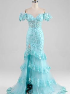 Mermaid/Trumpet Sweetheart Off-The-Shoulder Floor-Length Evening Dress With Split Side Blue Prom Dresses Mermaid, Sequin Mermaid Prom Dress, Sky Blue Prom Dress, Trumpet Prom Dress, Mermaid Prom Dress, Corset Dress Prom, Evening Dress Floor Length, Sophisticated Dress, Tulle Prom Dress