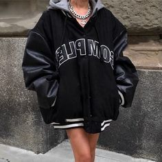 Color: Black, Size: M Grunge Outfits Black, Varsity Jacket Outfit, Sneaker Heads, Y2k Shorts, Y2k Clothes, Trendy Summer Outfits, Basic Long Sleeve, Jacket Outfit, Jacket Brands