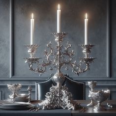 an ornate silver candelabra with lit candles on the table in a dining room