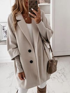 Casual Wool Coat With Lapel Collar In Solid Color, Gray Spring Outerwear With Double Button Closure, Casual Wool Coat For Workwear, Solid Color, Solid Color Wool Coat For Work, Casual Solid Color Wool Coat For Spring, Casual Wool Coat With Buttons And Long Sleeves, Long Sleeve Solid Color Wool Coat For Work, Gray Buttoned Outerwear For Fall, Oversized Pea Coat With Buttons