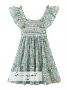 Green Floral Print Sleeveless Ruched Elastic Mini Dress with Ruffle detail Sun-Imperial United States Spring Smocked Dress With Ruffled Straps, Spring Gingham Sundress With Ruffles, Summer Smocked Dress With Ruffled Hem And Straps, Multicolor Smocked Dress With Smocked Bodice For Summer, Multicolor Smocked Dress For Summer, Summer Multicolor Smocked Dress With Smocked Bodice, Multicolor Smocked Dress With Square Neck For Summer, Casual Gingham Sundress With Ruffles, Casual Multicolor Dresses With Ruffled Straps