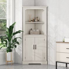 a white cabinet sitting next to a potted plant