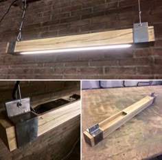 three different views of a light fixture hanging from a brick wall, and an image of a piece of wood that is attached to the ceiling