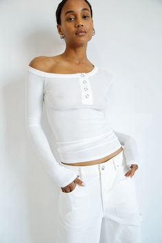 Harley Henley Top White | The Line by K White Stretch Top With Button Closure, White Stretch Tops With Button Closure, Trendy White Top With Snap Buttons, Long Sleeve Tops With Snap Buttons For Layering, Stretch Long Sleeve Tops With Button Closure, Versatile Long Sleeve Buttoned Tops, Versatile Long Sleeve Tops With Buttons, Everyday Solid Tops With Snap Buttons, Spring Stretch Tops With Buttons